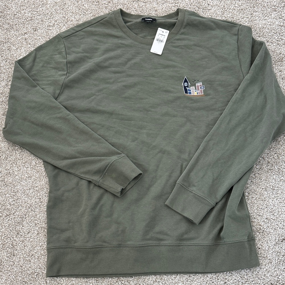 Express olive military Green light Sweater pullover embroidered house large